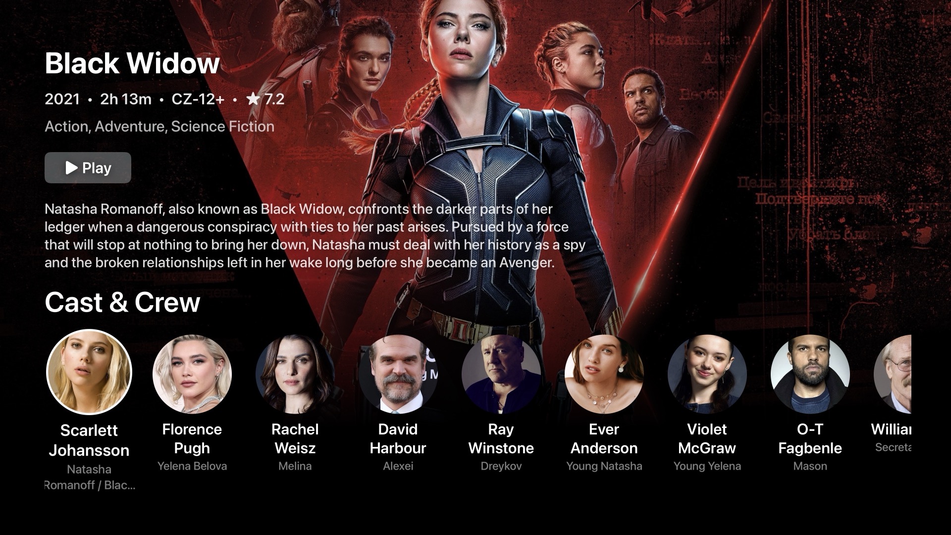 Black Widow detail screen with circular cast portrait row