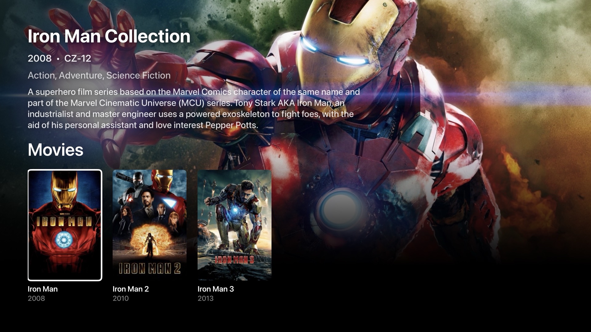 Iron Man Collection view showing the three films as portrait posters