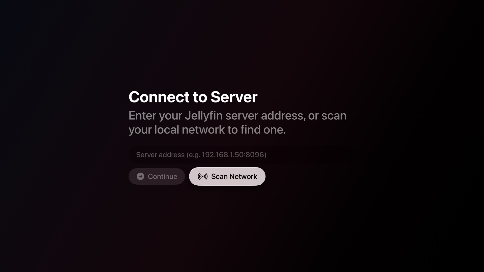 Connect to Server screen with manual entry and Scan Network button