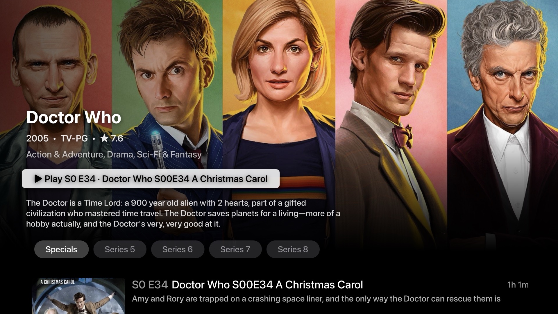 Doctor Who series detail screen with season picker and episode list