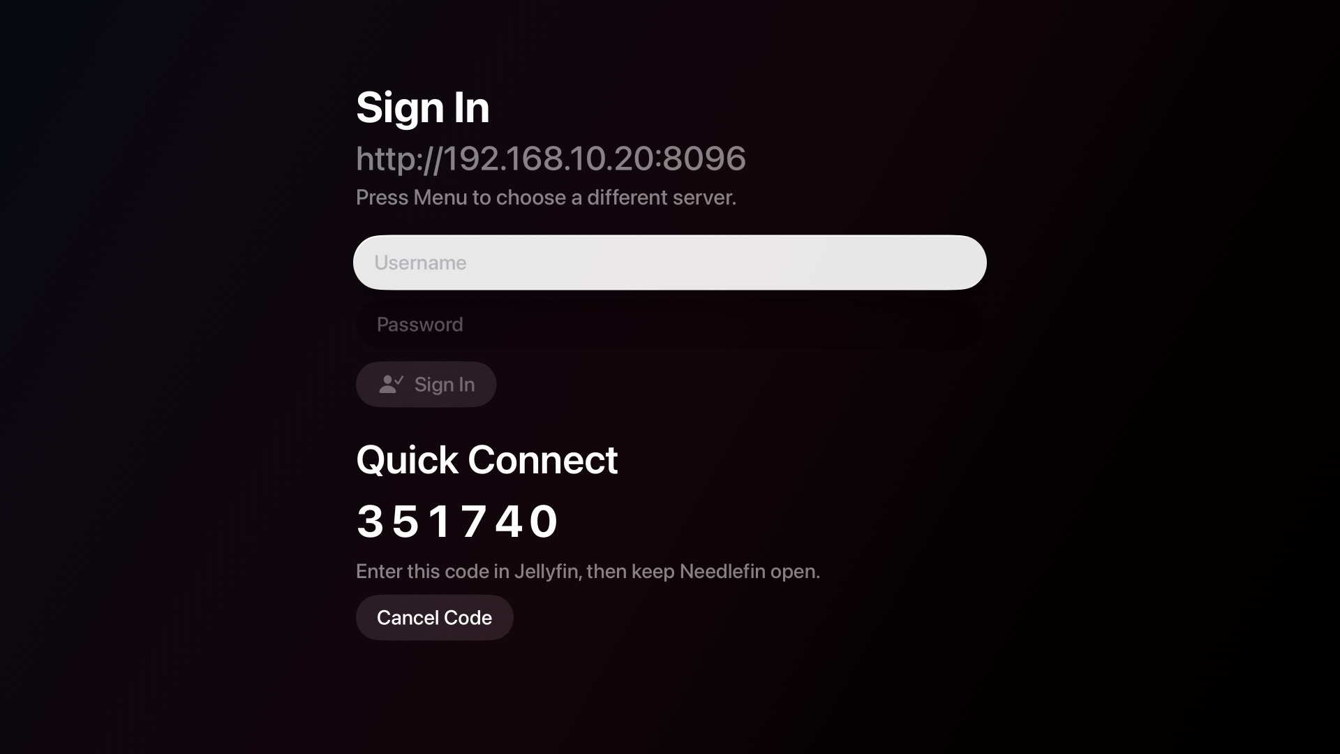 Sign In screen with username/password and Quick Connect code