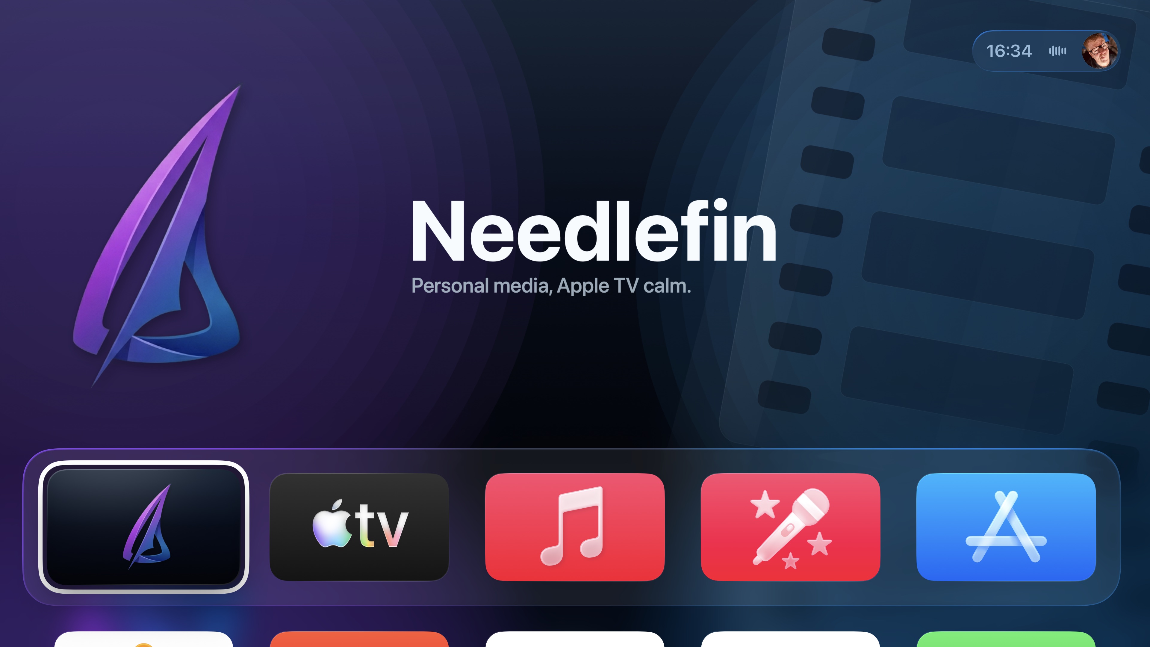 Needlefin featured on the Apple TV home screen with its cinematic top shelf artwork